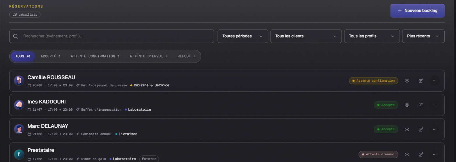 La liste des bookings, avec les onglets de statut et les filtres