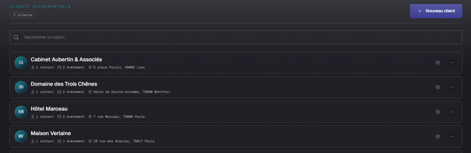 Chaque client affiche son nombre de contacts et d'événements