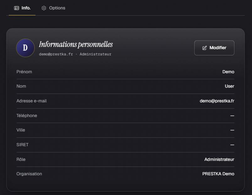 L'onglet Info. de Mon Compte