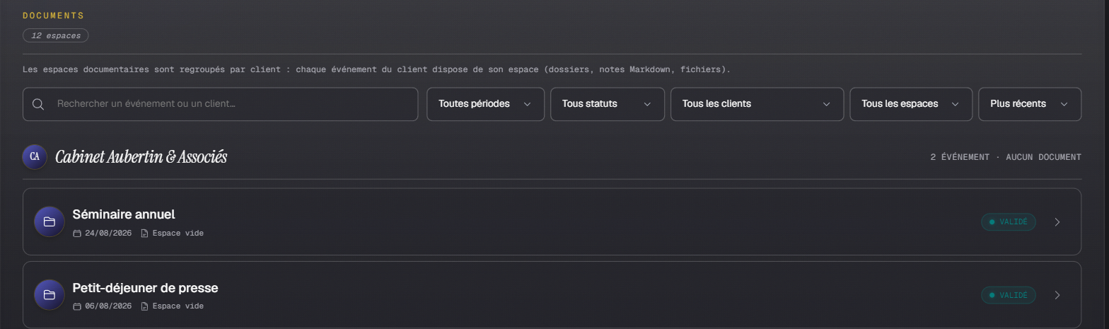 La page Fichiers : les espaces regroupés par client