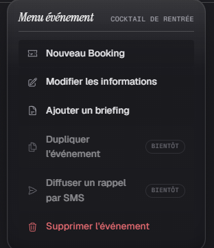 Le menu de l'événement, ouvert depuis le bouton en haut à droite