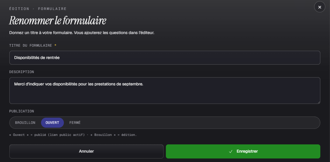 Le titre, la description et le réglage de publication